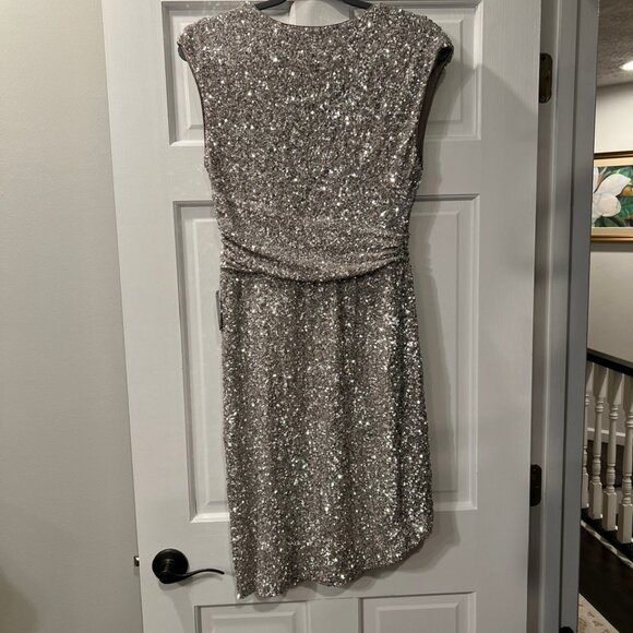 Express Sequin Draped V-Neck Cap Sleeve Mini Sheath Dress in Silver, Size Medium - Picture 4 of 9
